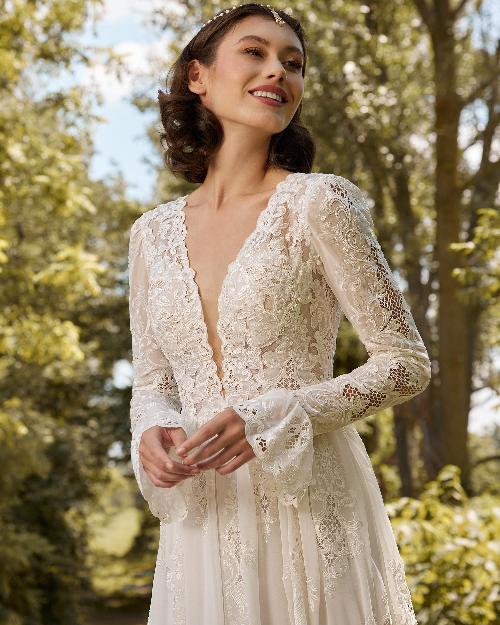 Lp2209 lace long sleeve boho wedding dress with slit and low back1